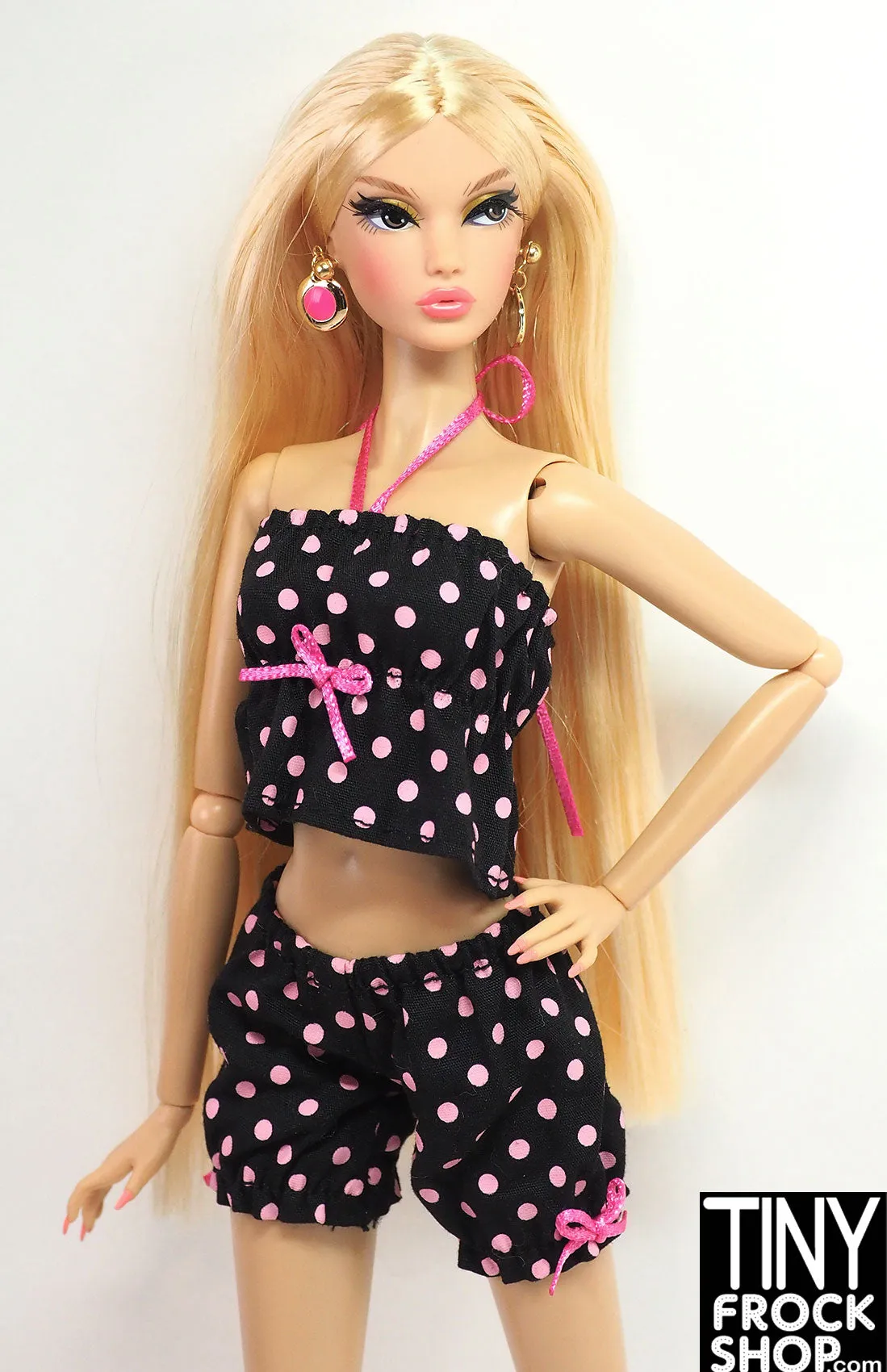 12" Fashion Doll Black and Pink Dot Top and Bottom Set