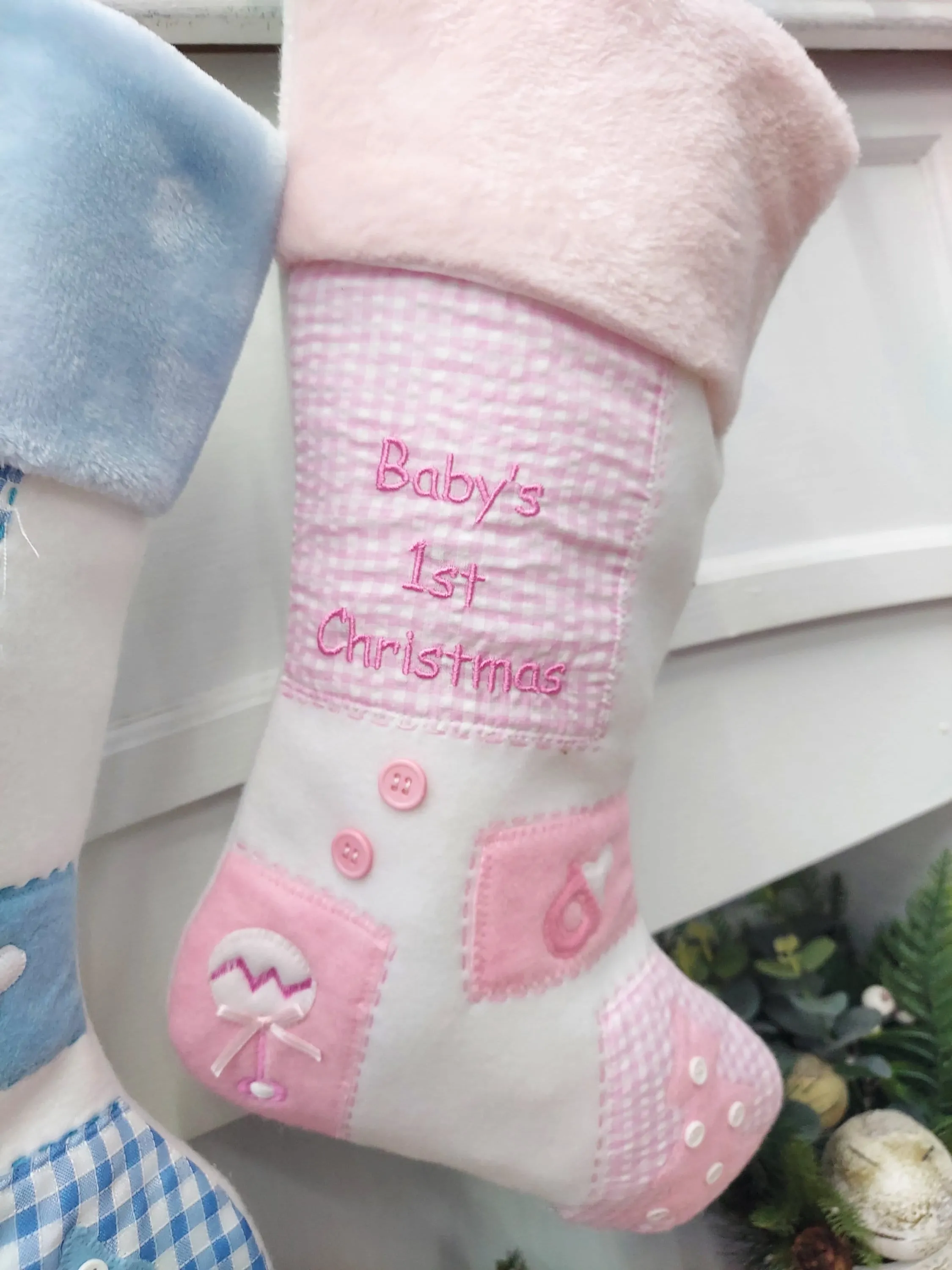 Baby's 1st Christmas Stocking | Blue Pink Patchwork Cute Buttons Baby Shower Gift Keepsake Photo Prop Personalized Embroidery Boy Girl Name