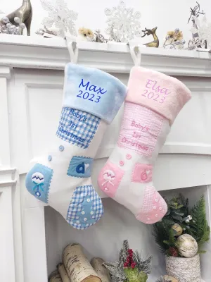 Baby's 1st Christmas Stocking | Blue Pink Patchwork Cute Buttons Baby Shower Gift Keepsake Photo Prop Personalized Embroidery Boy Girl Name