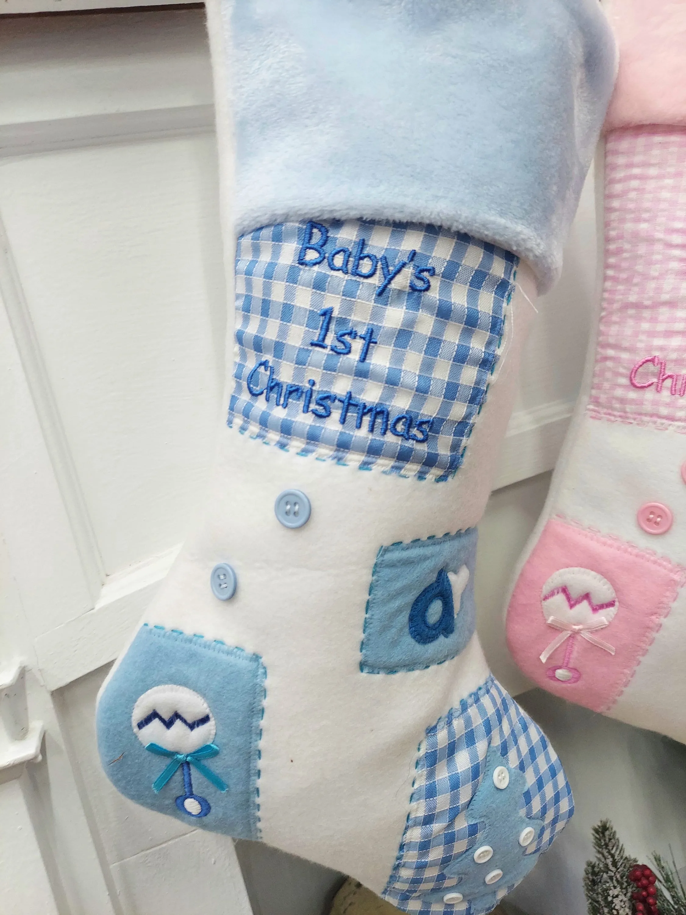 Baby's 1st Christmas Stocking | Blue Pink Patchwork Cute Buttons Baby Shower Gift Keepsake Photo Prop Personalized Embroidery Boy Girl Name