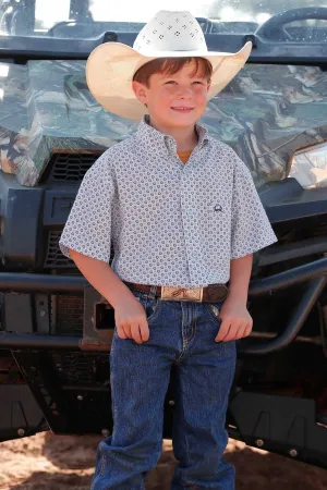 Boy's Cinch Arenaflex Light Blue Geo Print Short Sleeve Button Down Shirt