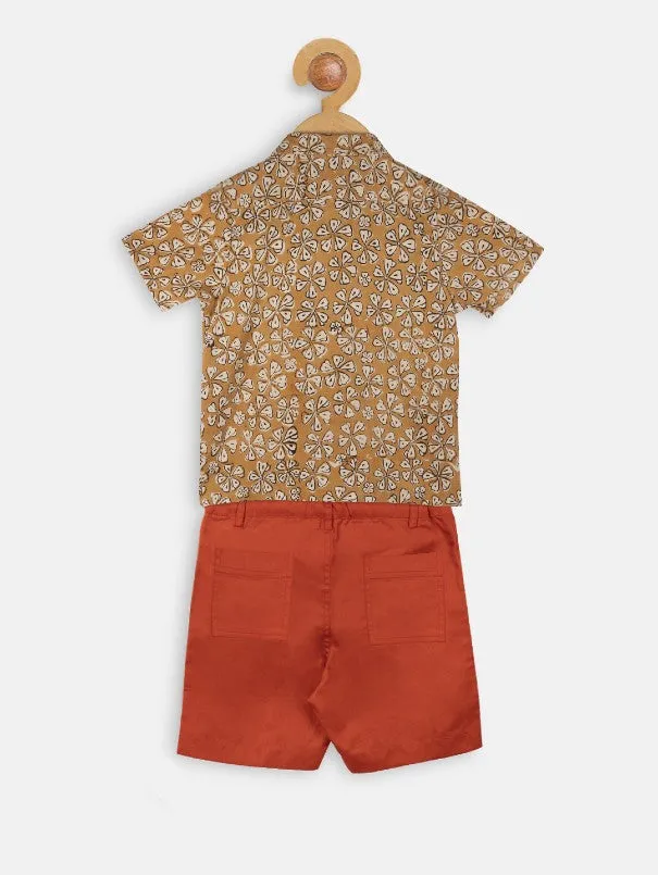 Boys Mustard Yellow Hand Block Printed Shirt & Orange Pants (Set of 2)