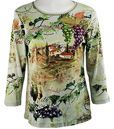 Cactus Fashion - Winery Tours, 3/4 Sleeve, Cotton Print Rhinestone Sage Top