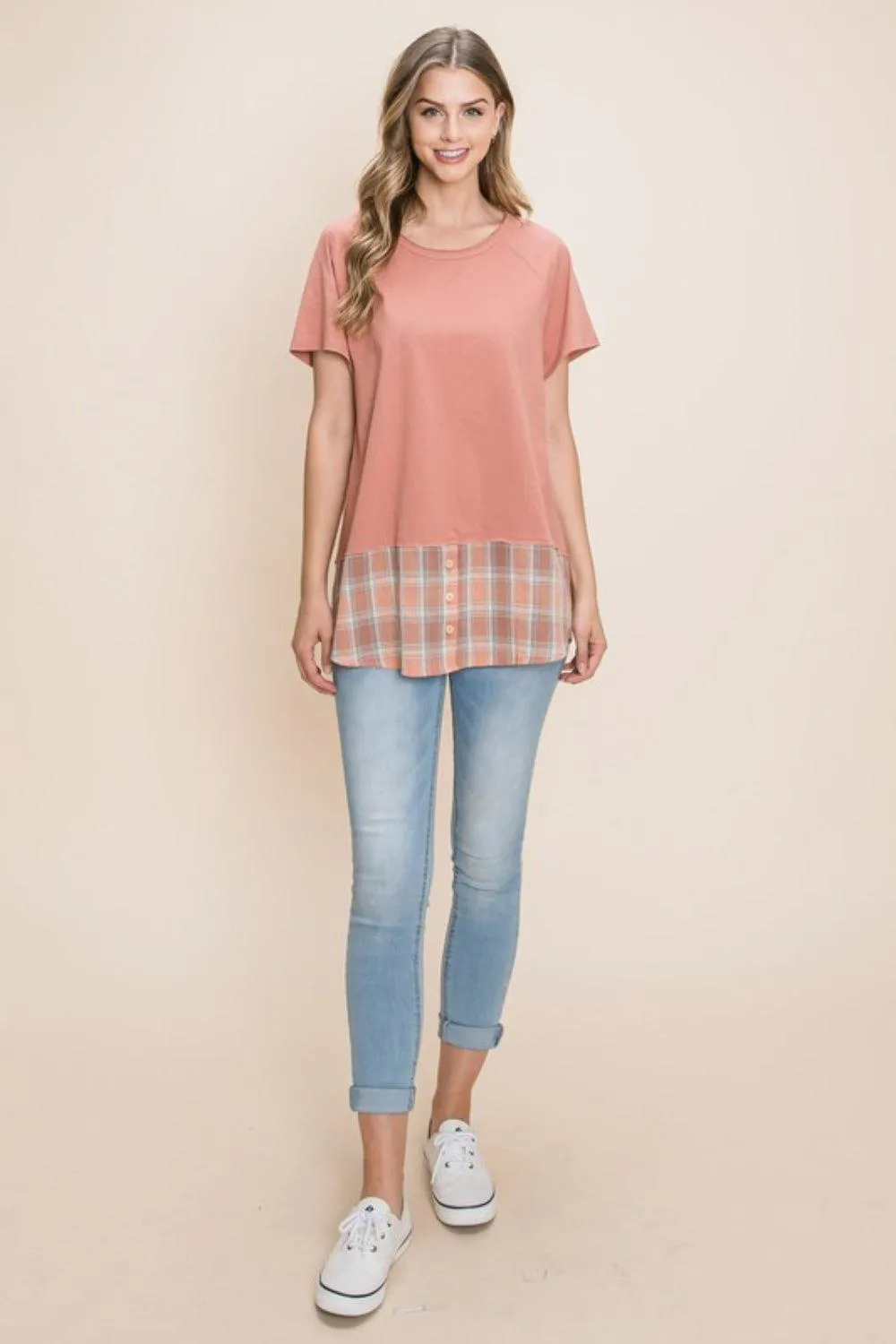 Cotton Bleu Plaid Contrast Short Sleeve T-Shirt