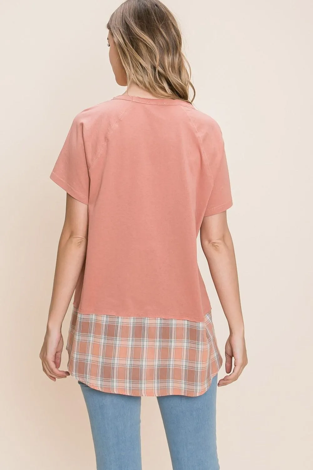 Cotton Bleu Plaid Contrast Short Sleeve T-Shirt