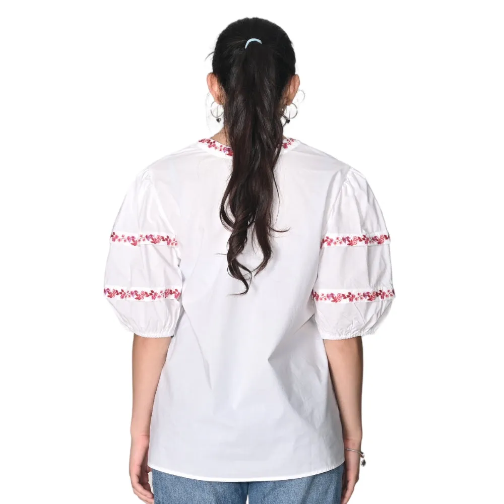 Cotton Bubble Sleeve Top With Embroidered Trim