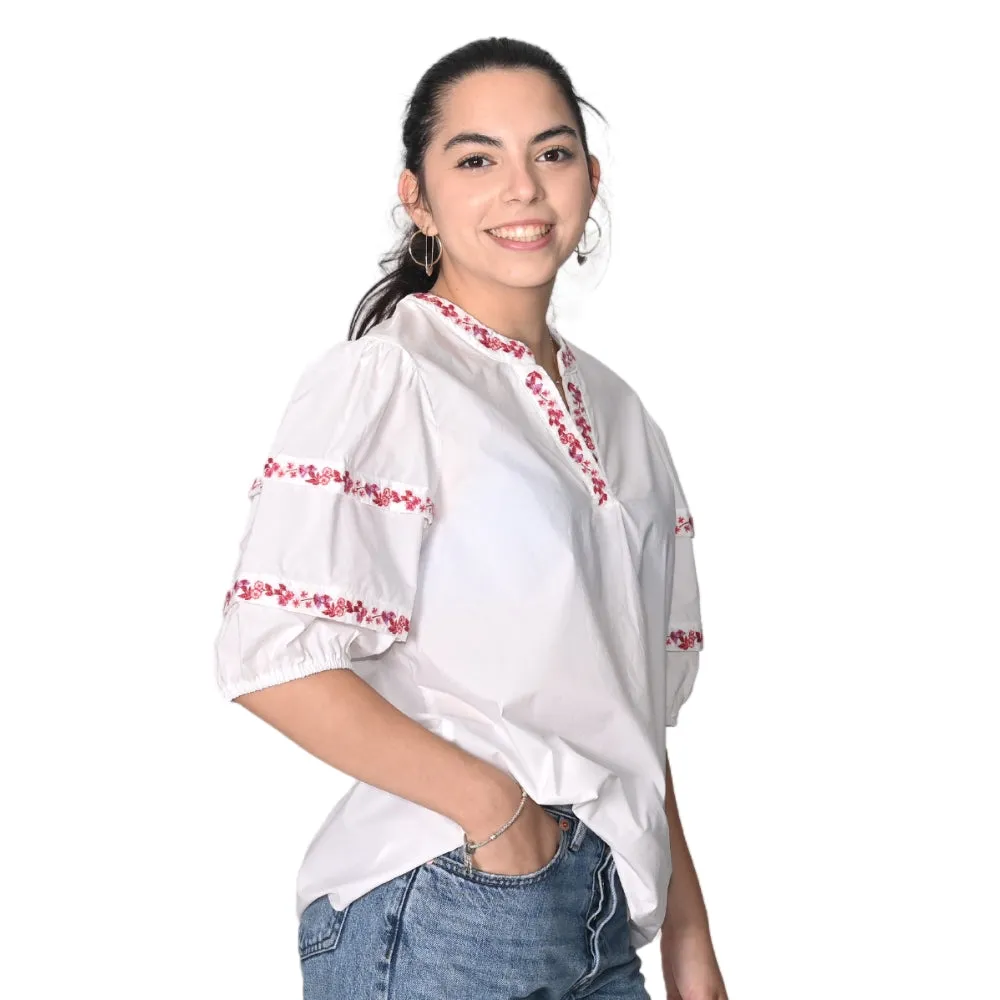 Cotton Bubble Sleeve Top With Embroidered Trim