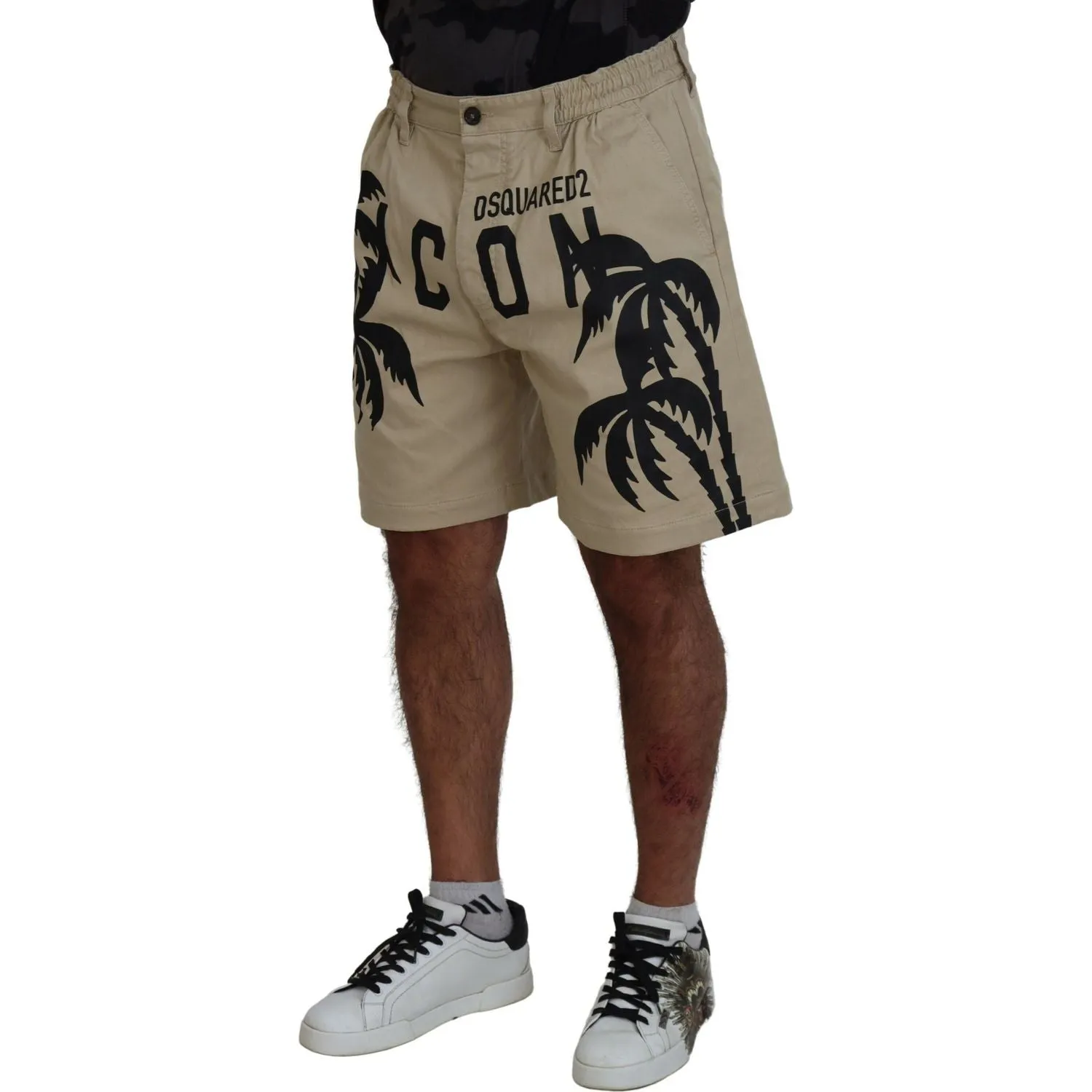 Dsquared² Beige Cotton Logo Printed Above Knee Shorts