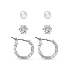 Ear Sense Earring FC298 Silver Ball Stud, Cubic Zirconia & 15mm Hoop Trio