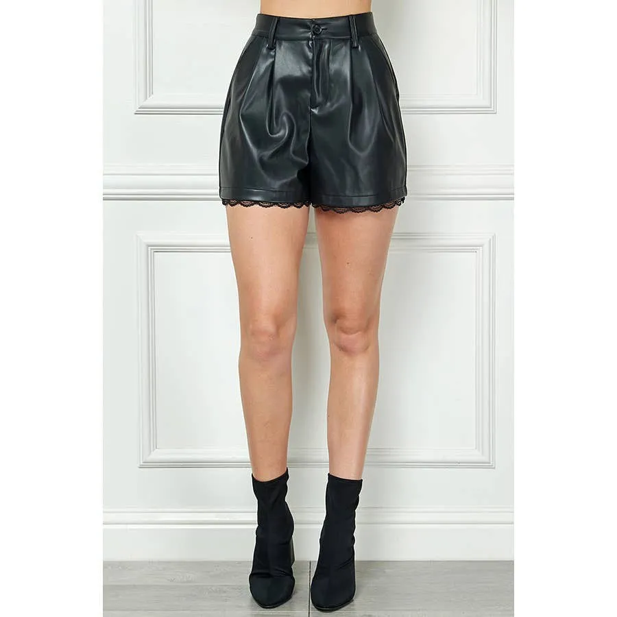 Elsie Women's Real Leather Shorts With Lace Trim Black