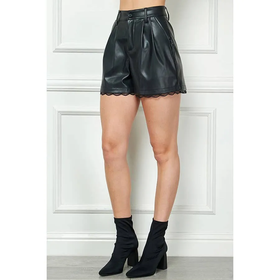 Elsie Women's Real Leather Shorts With Lace Trim Black