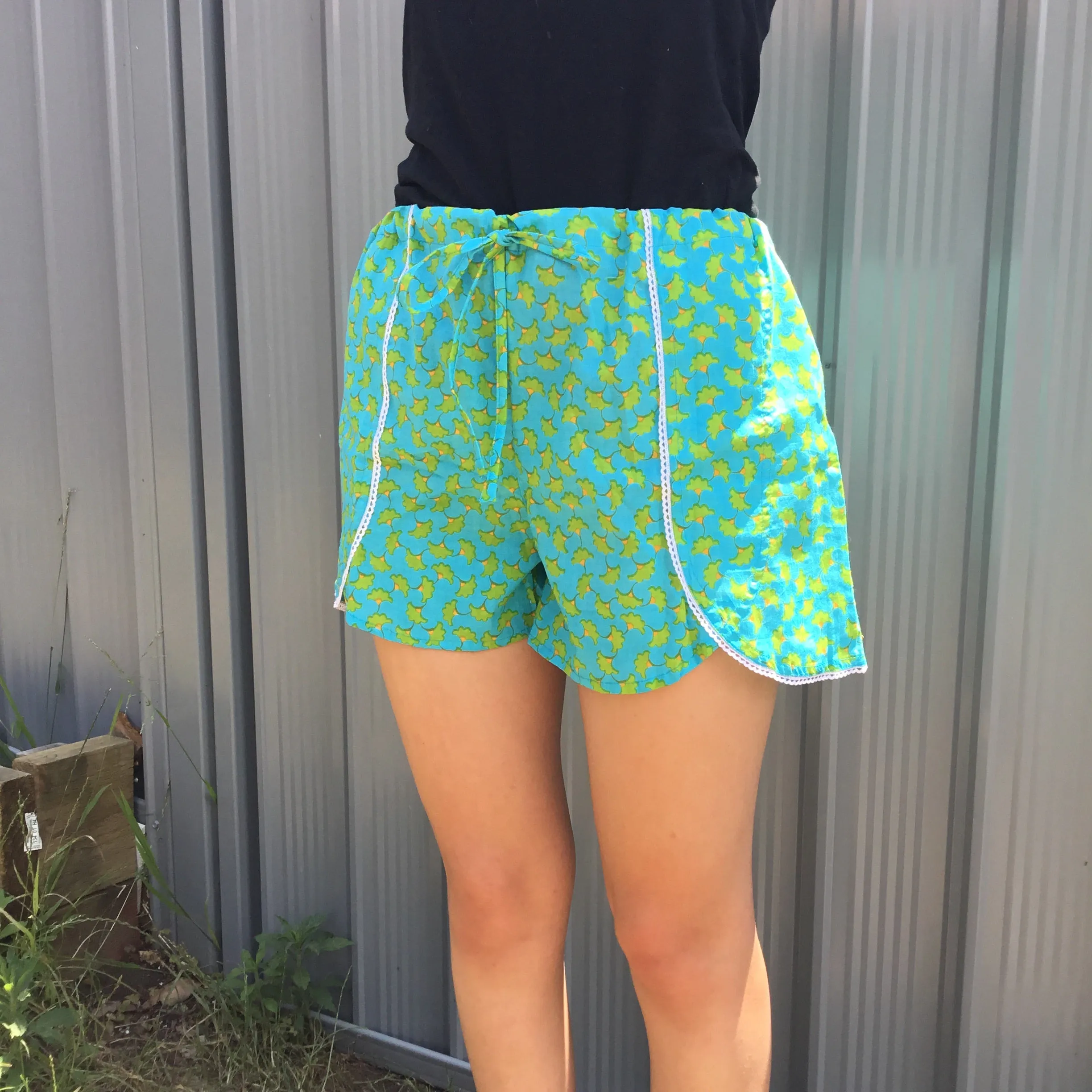 Fair Trade Floral Jammie Shorts Turquoise & Green