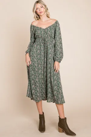 Floral printed puff long sleeve woven midi dress with front tie detail