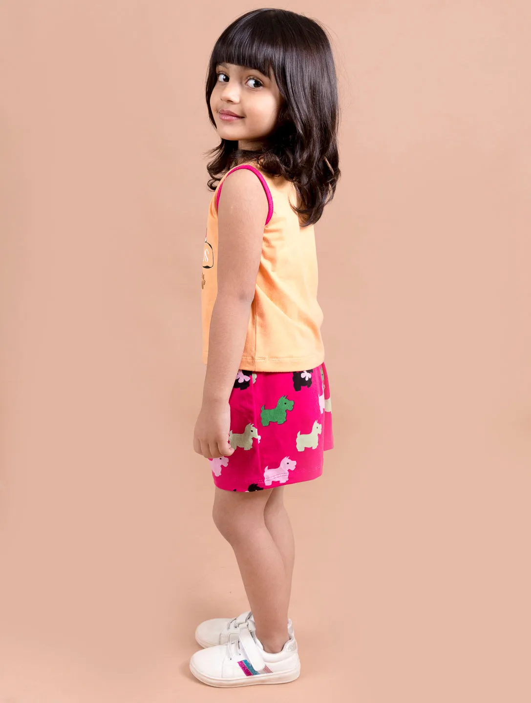 Girls Magenta Orange Printed Co-Ords Set