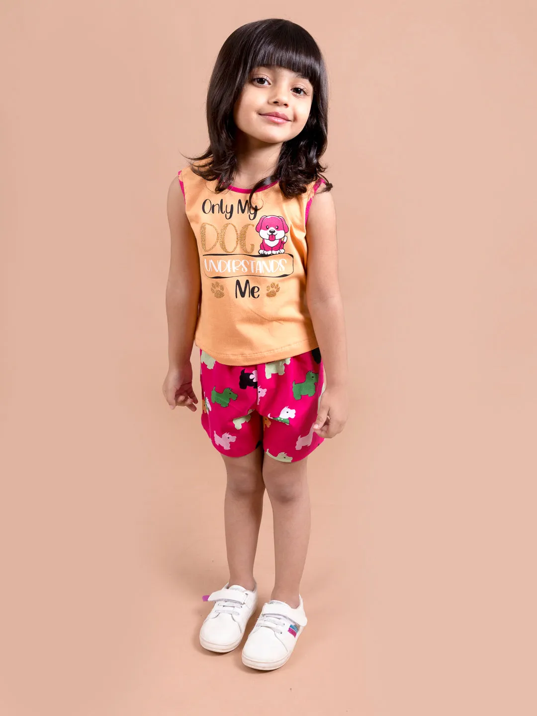 Girls Magenta Orange Printed Co-Ords Set