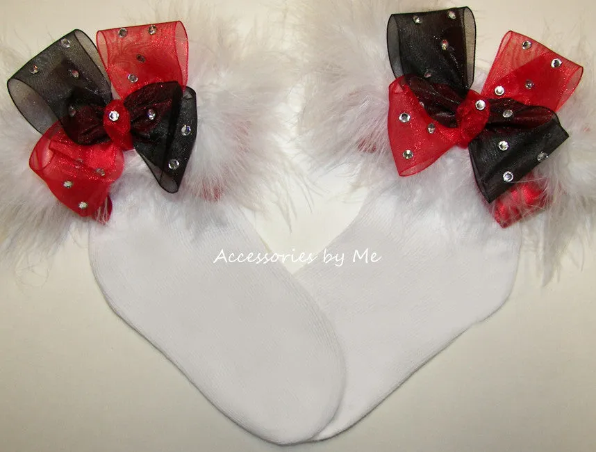 Glitzy Red Black Organza Marabou Bow Socks