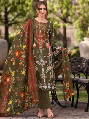 Green Pakistani Print Unstitched Cotton Suit with Embroidery