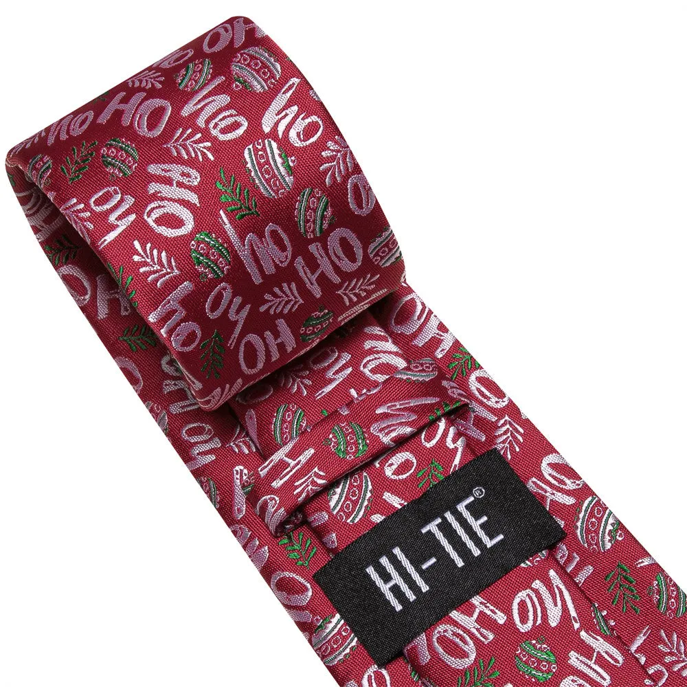 Hi-Tie Red Christmas Silk Necktie Pocket Square Cufflinks Set