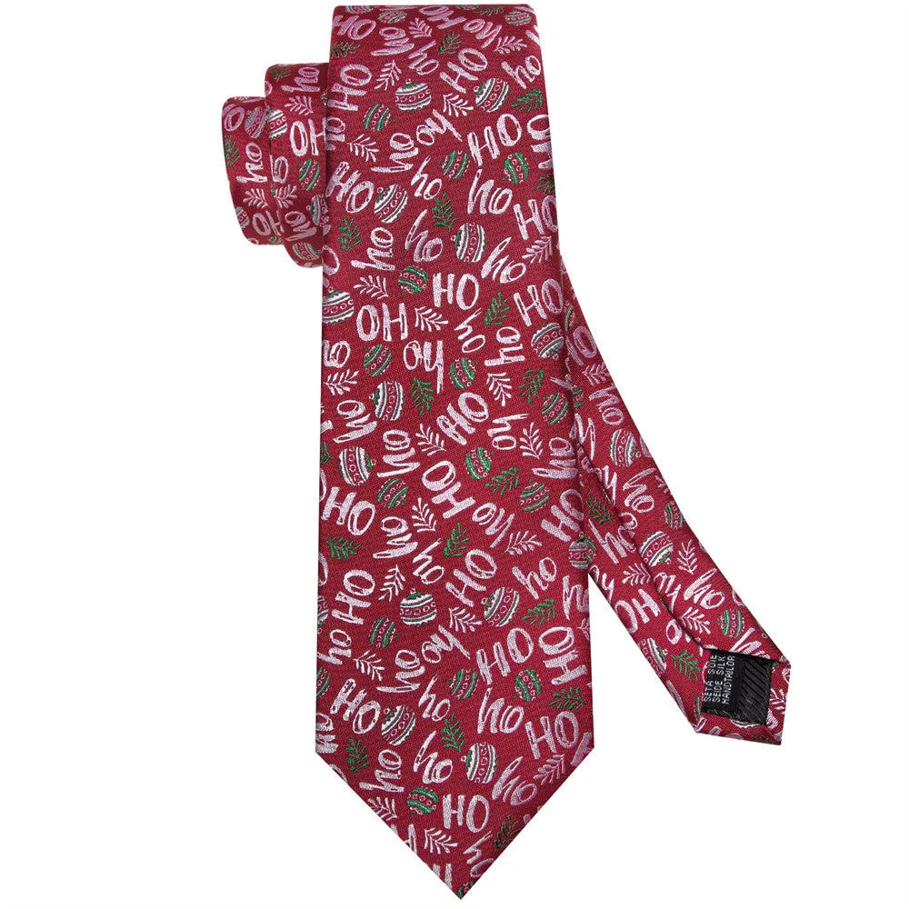 Hi-Tie Red Christmas Silk Necktie Pocket Square Cufflinks Set