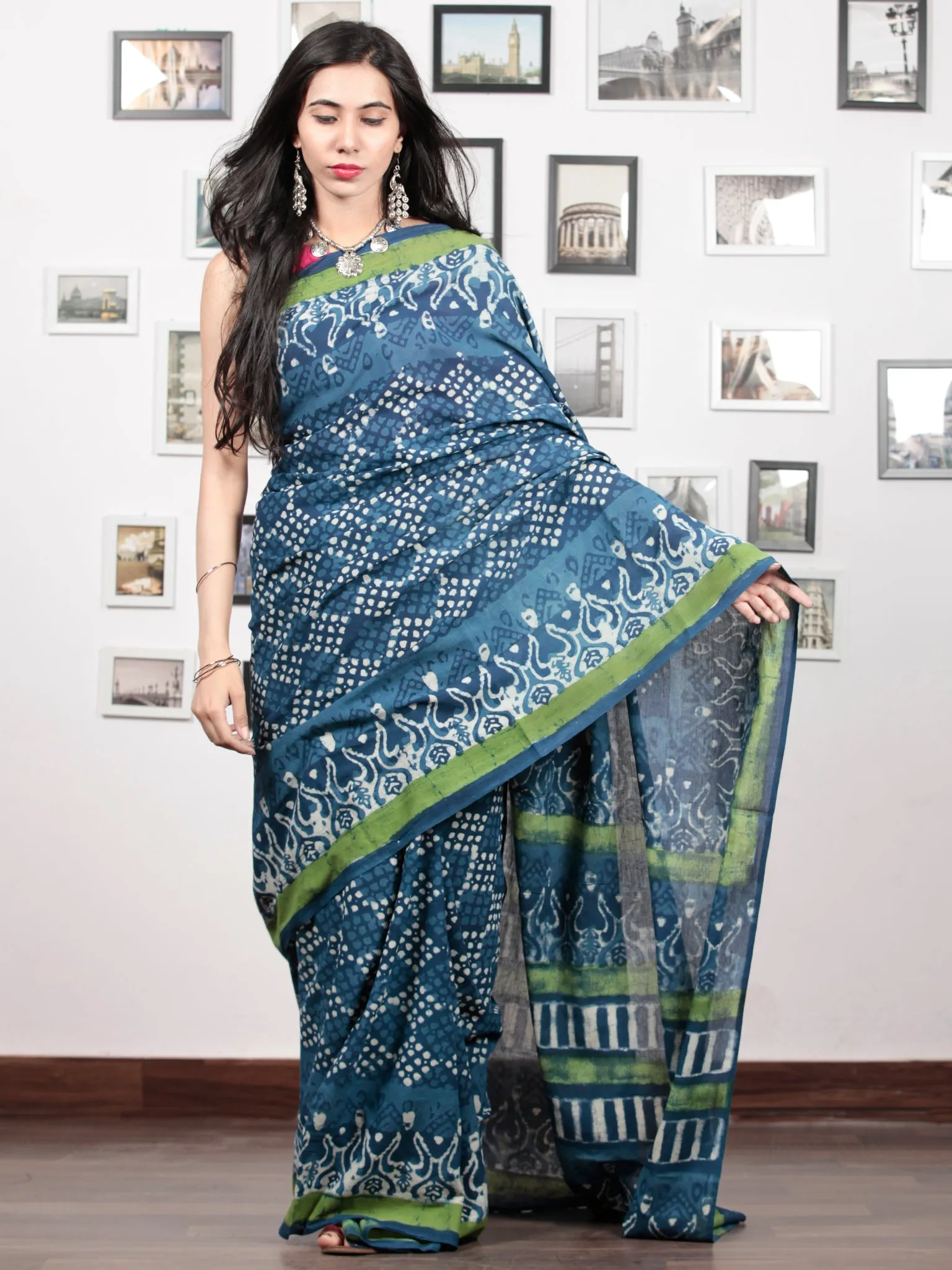 Indigo White Green Hand Block Printed Cotton Mul Saree - S031703051