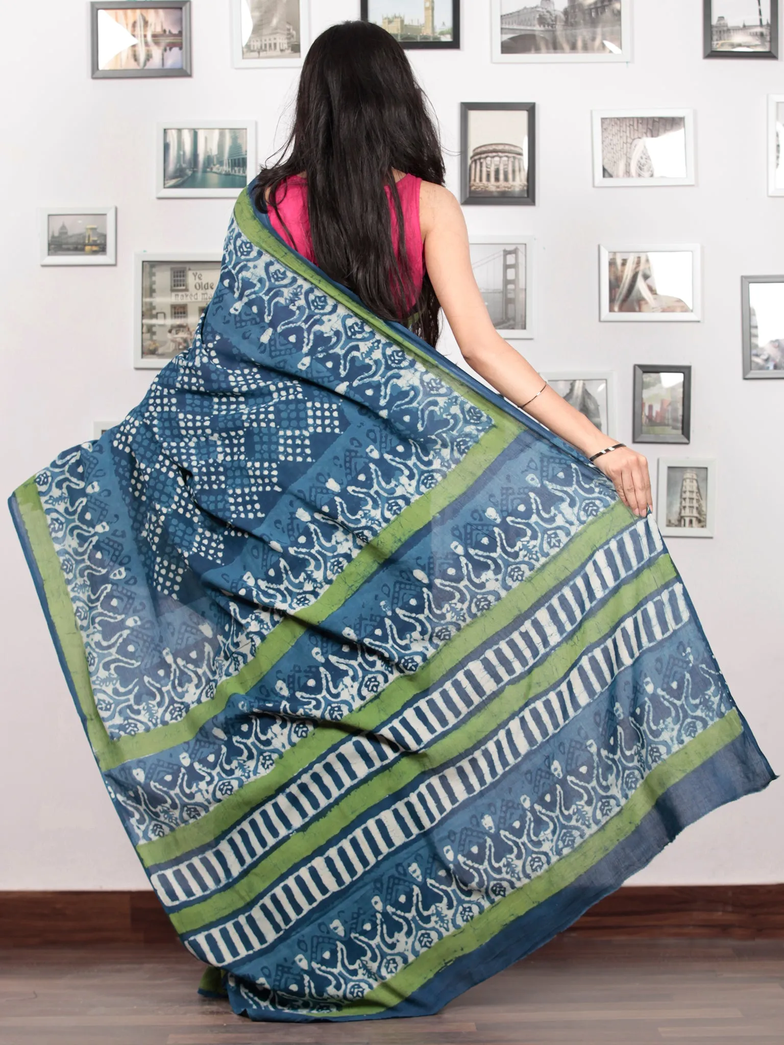 Indigo White Green Hand Block Printed Cotton Mul Saree - S031703051