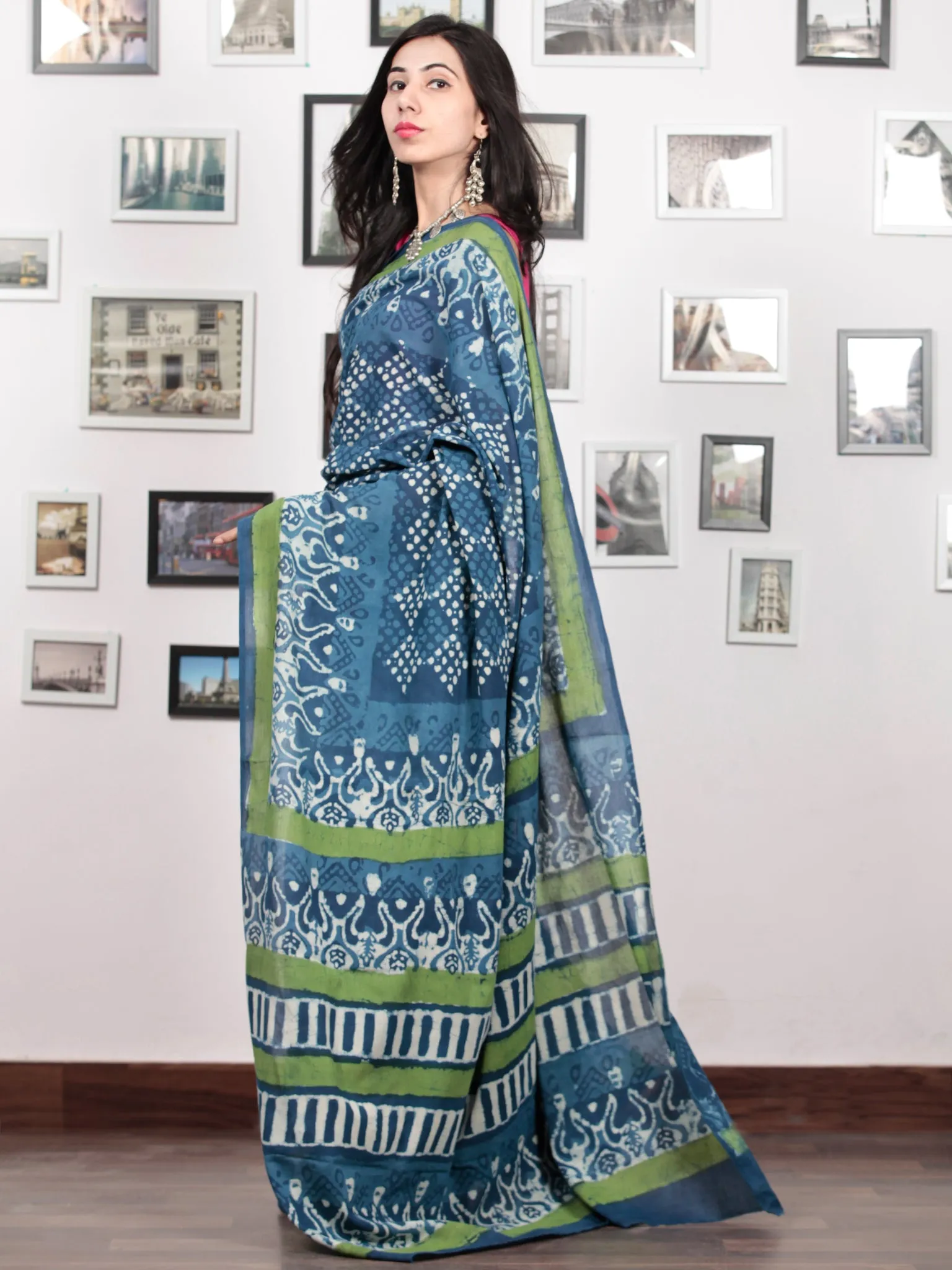 Indigo White Green Hand Block Printed Cotton Mul Saree - S031703051