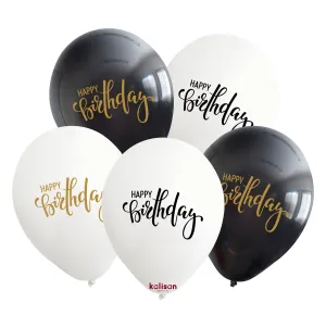 Kalisan 12" Happy Birthday Printed Black/White Latex Balloon, 25 pieces