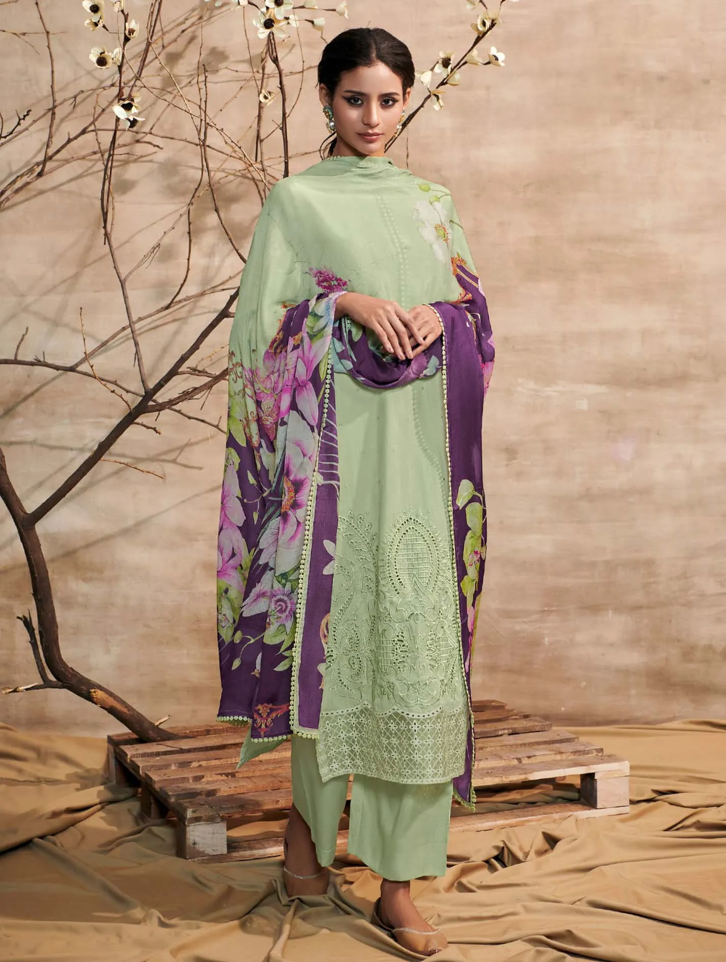 Kimora Cotton Satin Unstitched Suit Dress Material Green