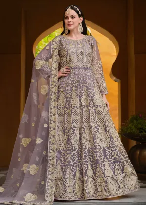 Light Purple Pure Butterfly Net Wedding Wear Anarkali Suit