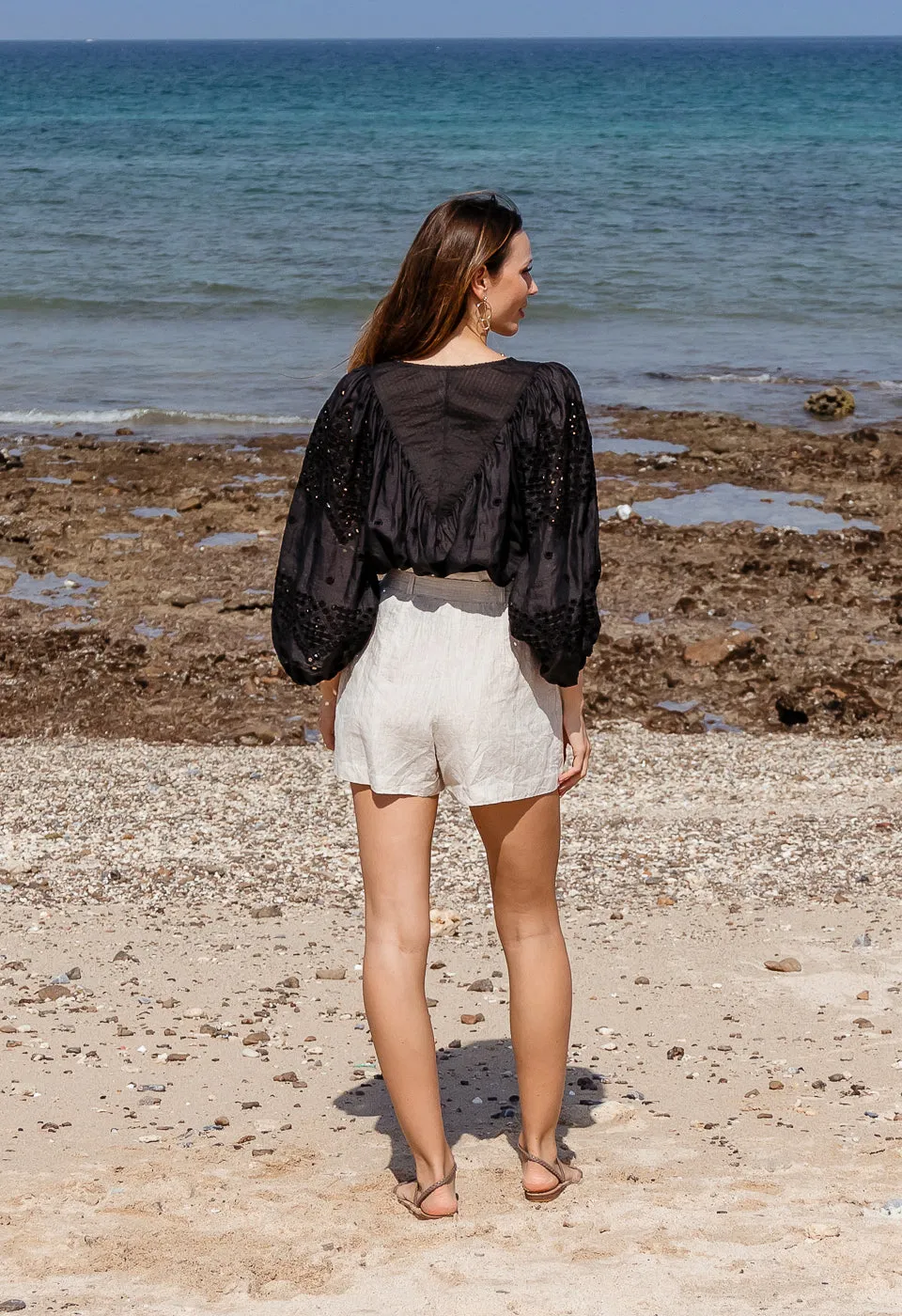 MENORCA - 3/4 SLEEVE BRODERIE ANGLAISE LOOSE FITTED RAMIE TOP