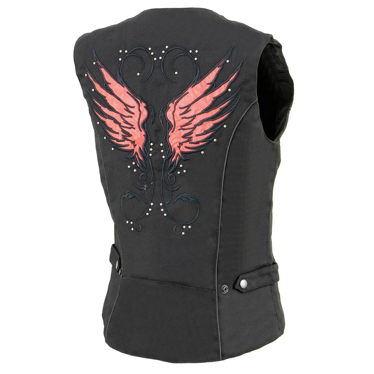 Milwaukee Leather SH1955 Ladies Black and Red Textile Vest with Wing