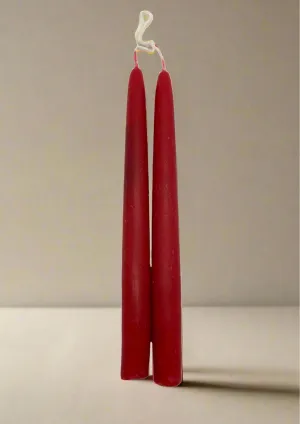 Pair of beeswax dipped red candles (OL)