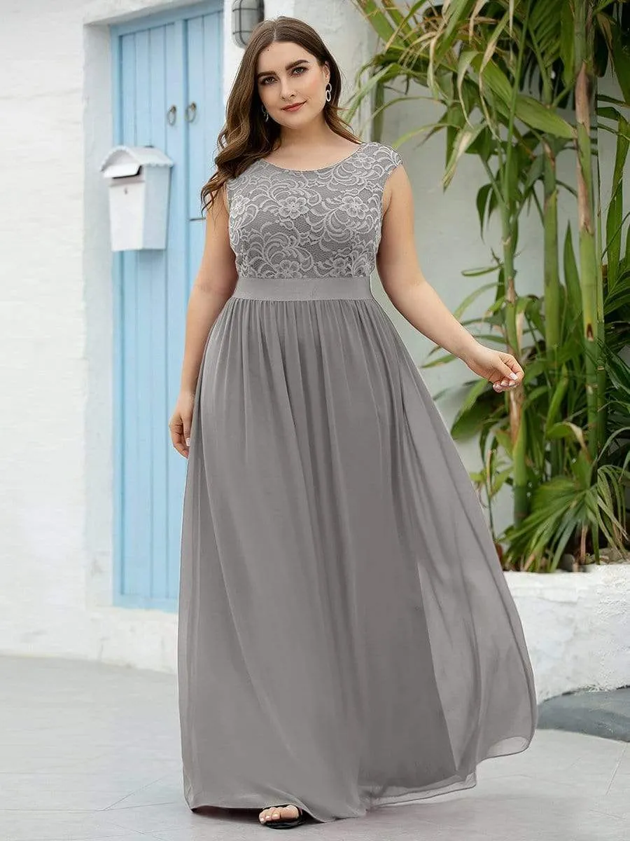 Plus Size Classic Round Neck V Back A-Line Chiffon Bridesmaid Dresses with Lace