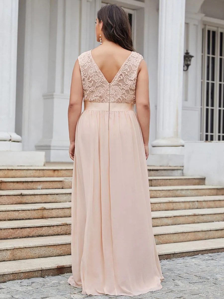 Plus Size Classic Round Neck V Back A-Line Chiffon Bridesmaid Dresses with Lace