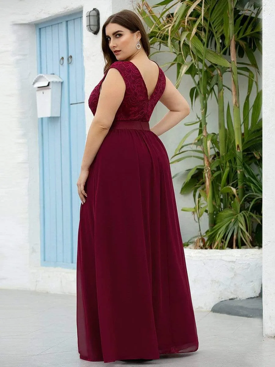 Plus Size Classic Round Neck V Back A-Line Chiffon Bridesmaid Dresses with Lace