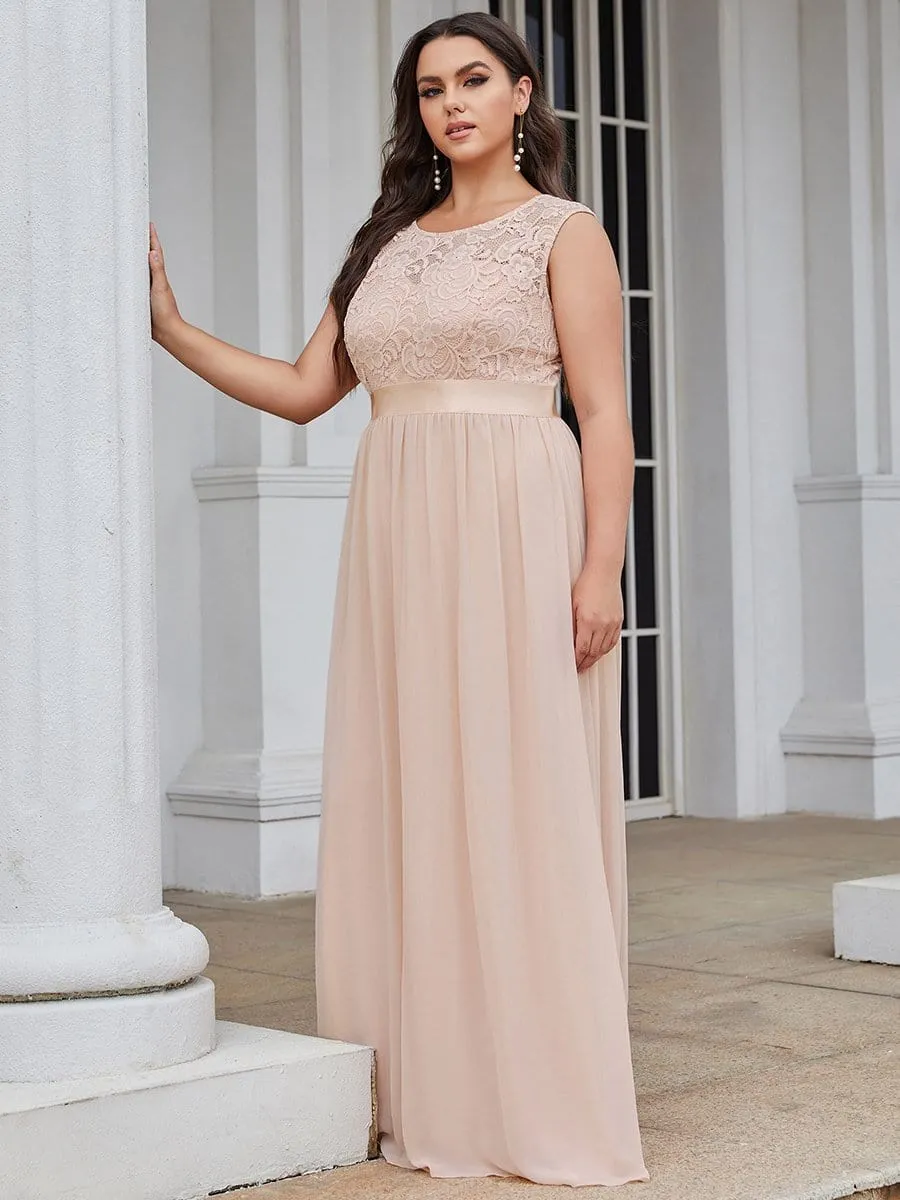 Plus Size Classic Round Neck V Back A-Line Chiffon Bridesmaid Dresses with Lace