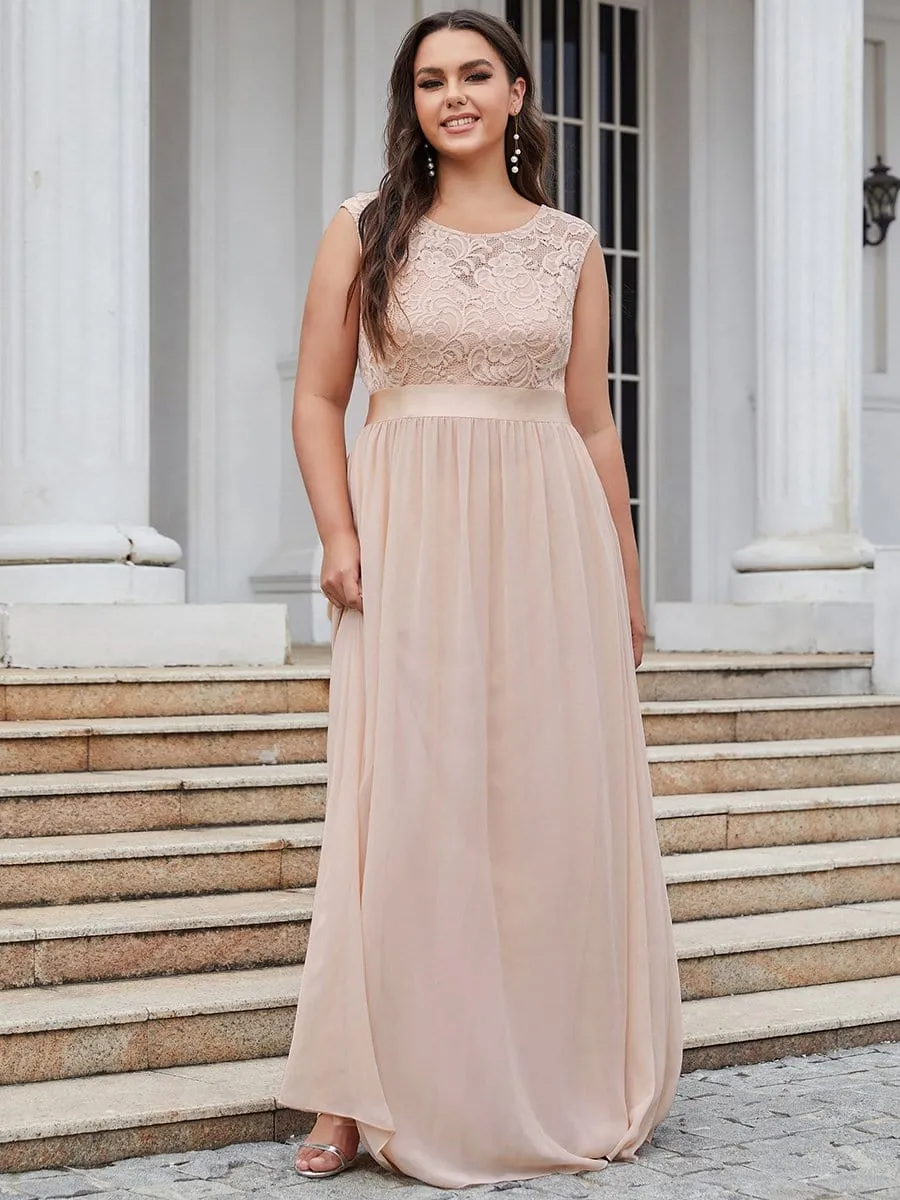 Plus Size Classic Round Neck V Back A-Line Chiffon Bridesmaid Dresses with Lace