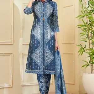 Premium Suit Set With Dupatta (Top-Muslin, Bottom-Satun, Dupatta-Siffon) Navy Blue Abstract Print Fabric