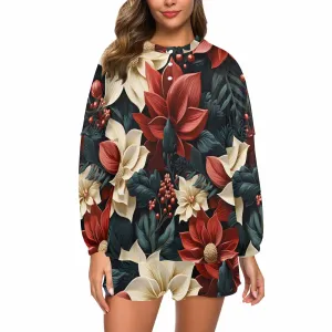 Red Poinsettia  Women's Long Sleeve Pajama Set with Shorts