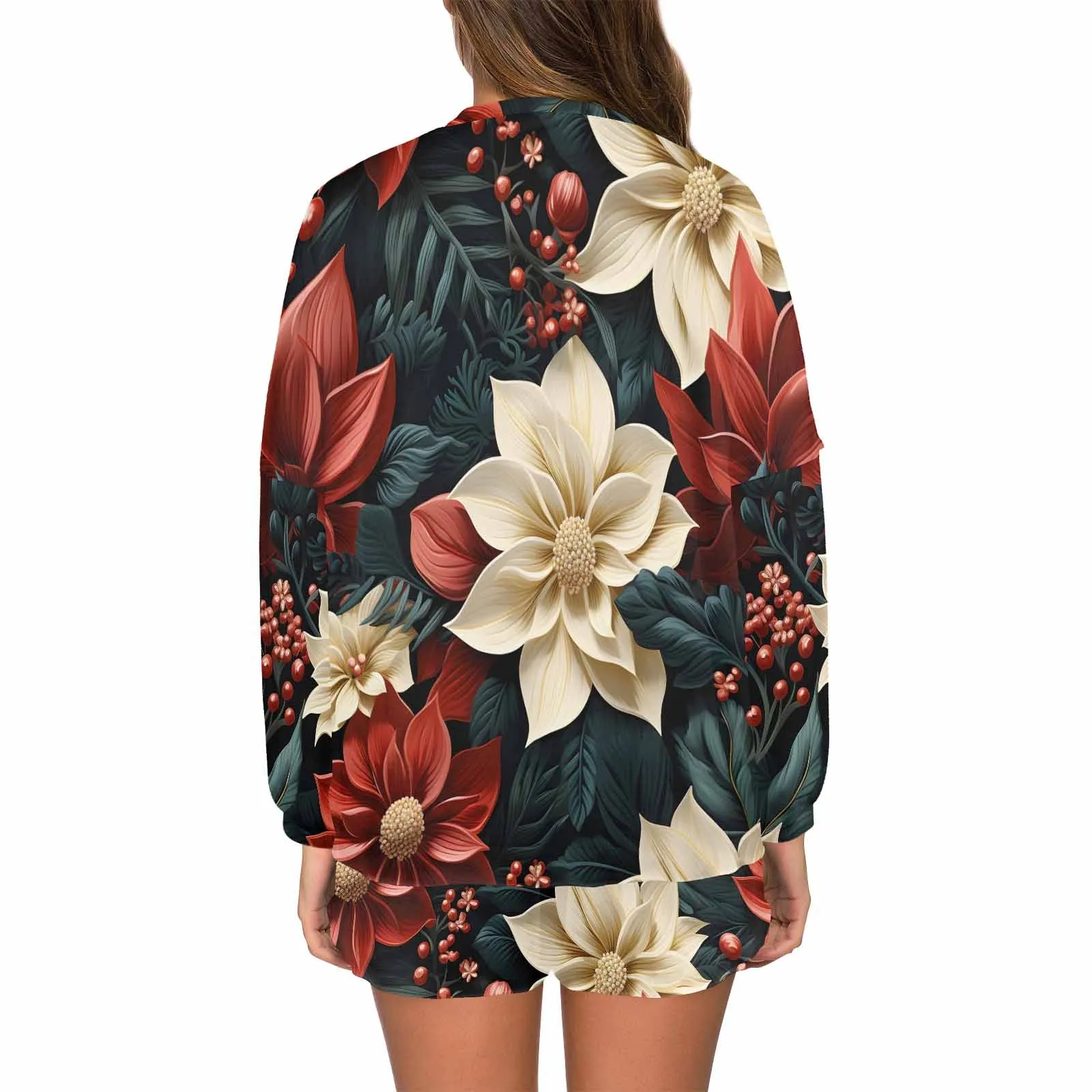 Red Poinsettia  Women's Long Sleeve Pajama Set with Shorts