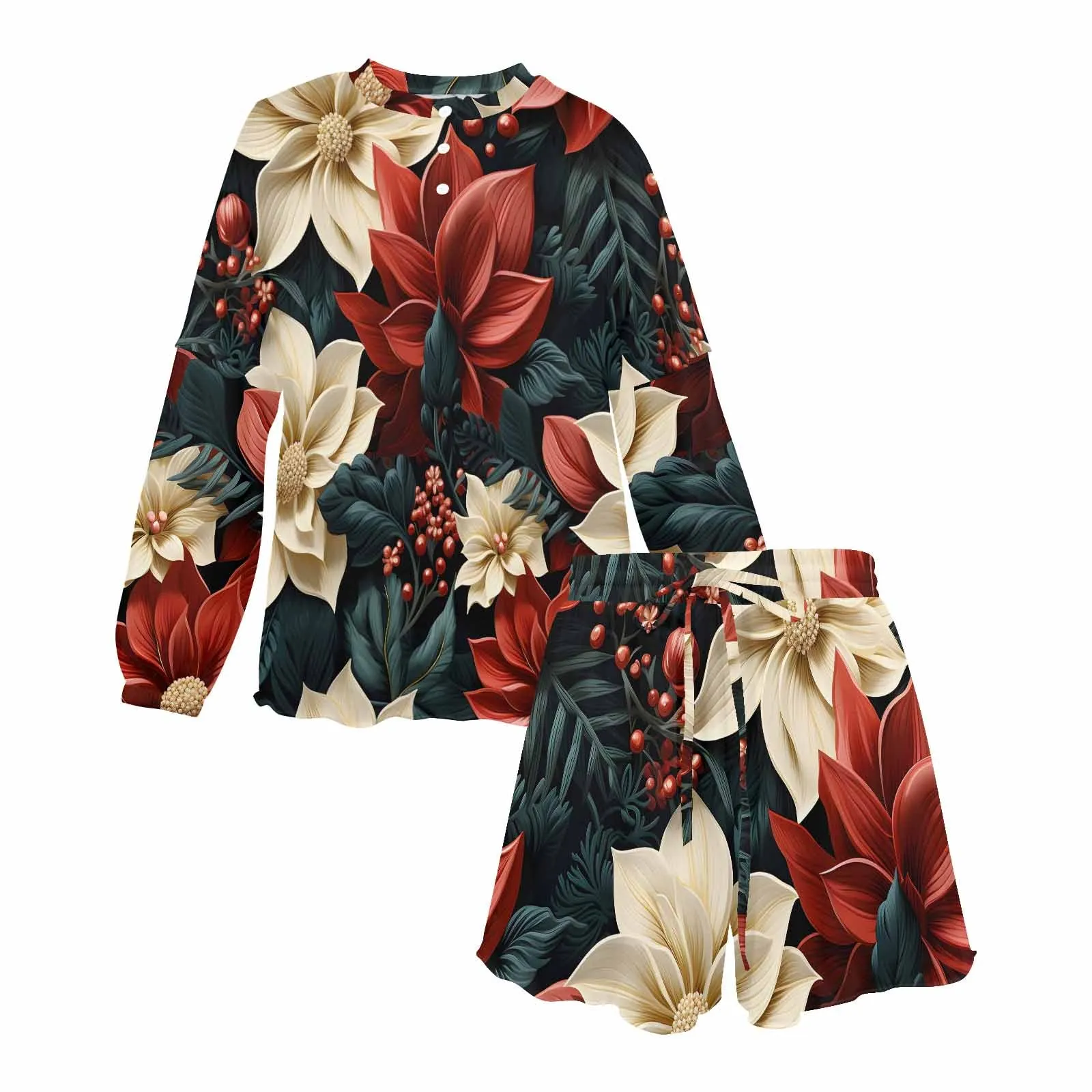 Red Poinsettia  Women's Long Sleeve Pajama Set with Shorts