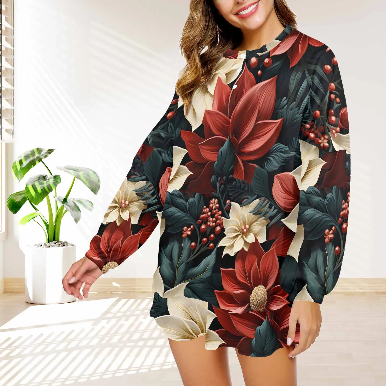 Red Poinsettia  Women's Long Sleeve Pajama Set with Shorts