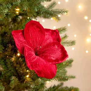 Red Velvet Amaryllis Clip Decoration - 14cm