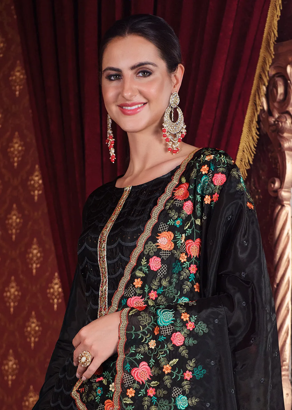 Soft Organza Silk Black Embroidered Pant Style Suit