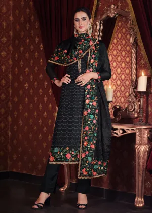 Soft Organza Silk Black Embroidered Pant Style Suit