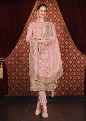 Soft Organza Silk Pink Embroidered Pant Style Suit