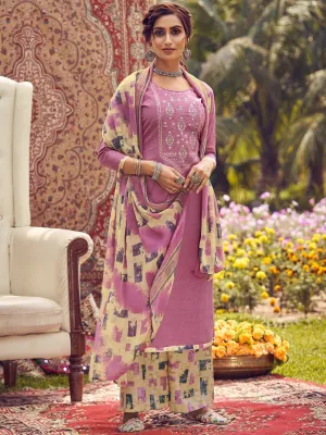 Unstitched Cotton Embroidered Mauve Salwar Kameez Suit Set