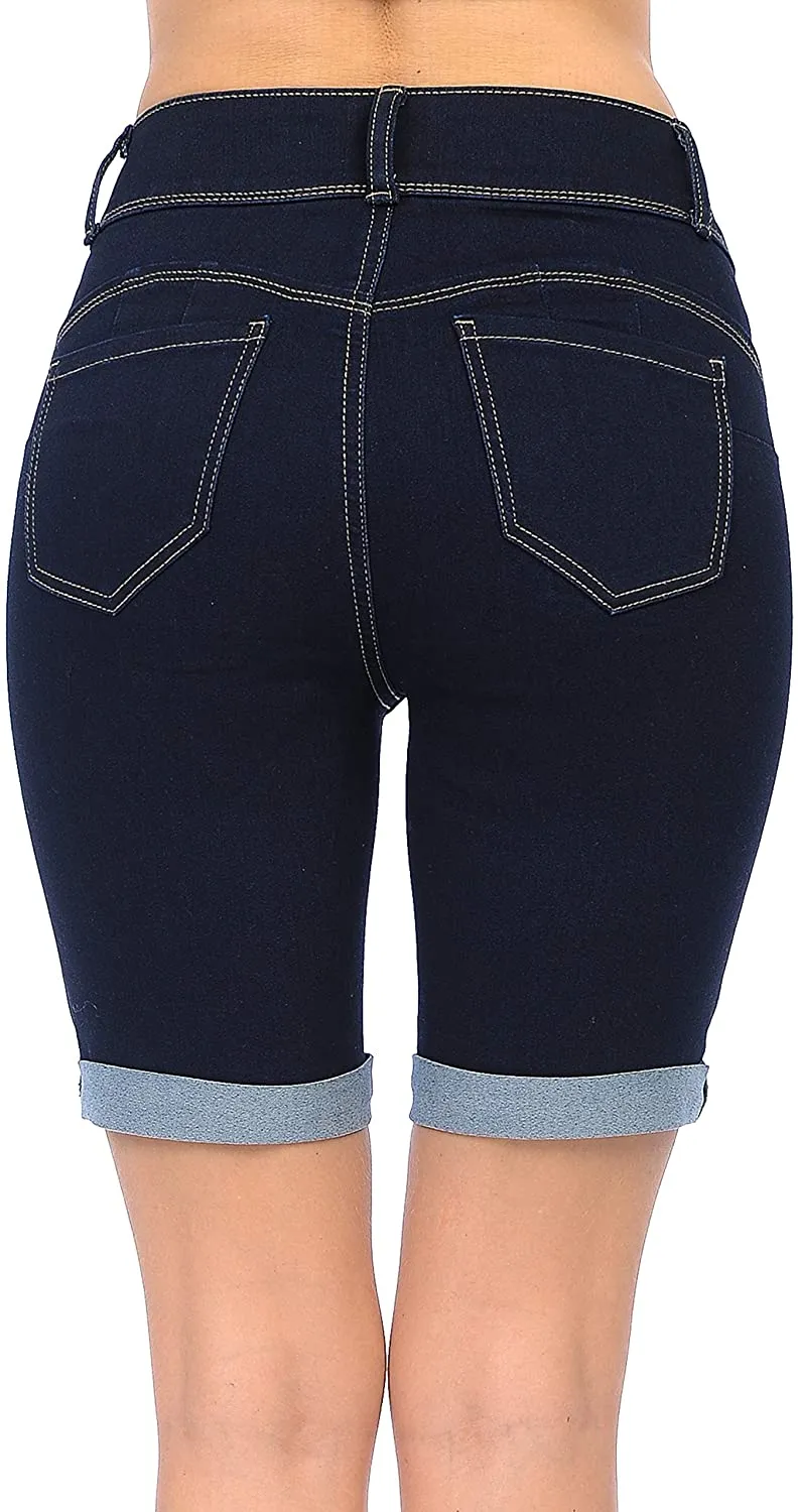 Wax Women's Butt I Love You High Rise Push-Up 2 Button Bermuda Denim Shorts