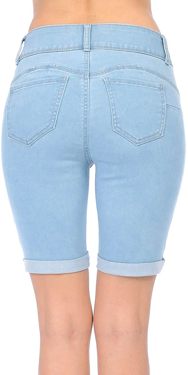 Wax Women's Butt I Love You High Rise Push-Up 2 Button Bermuda Denim Shorts