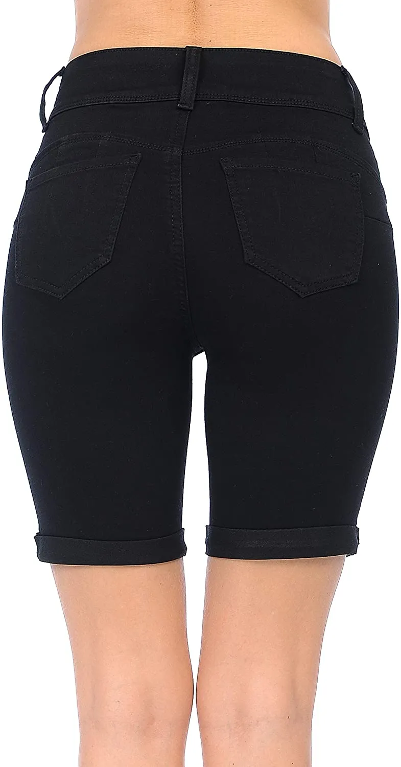 Wax Women's Butt I Love You High Rise Push-Up 2 Button Bermuda Denim Shorts